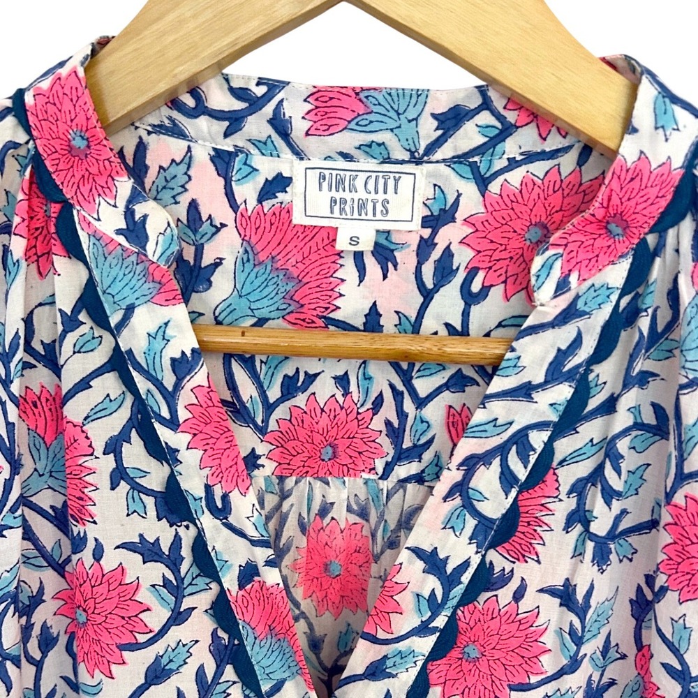 Pink City Prints Floral Block Print Cotton Midi Dress Pink‎ Blue Boho Small - Picture 4 of 9